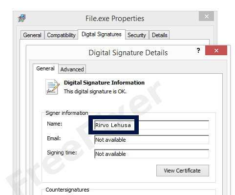 Screenshot of the Rirvo Lehusa certificate